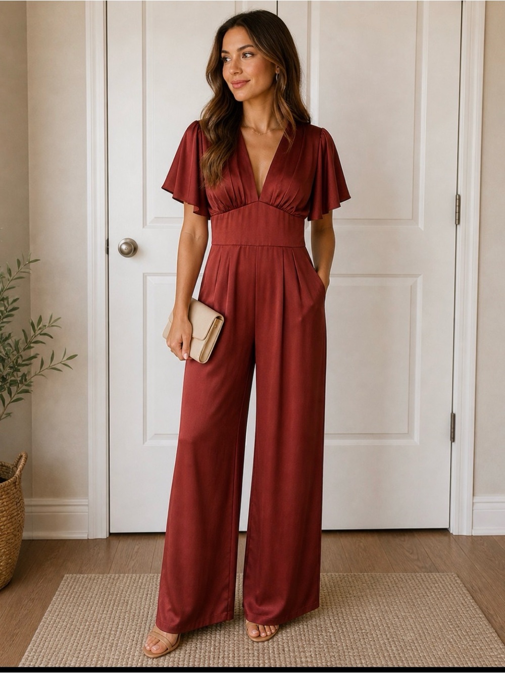 Abercrombie & Fitch Rust drappy jumpsuit with Flutter Sleeves